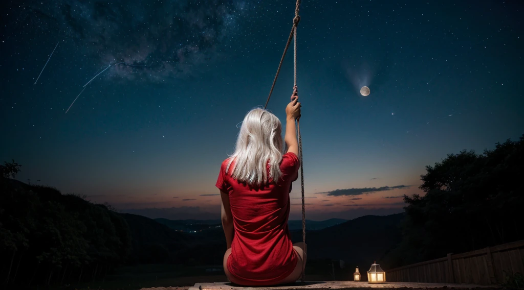 1 girl, White hair, red shirt dress, sitting on a swing in the space, watching the moon at night, starry night sky, back shot