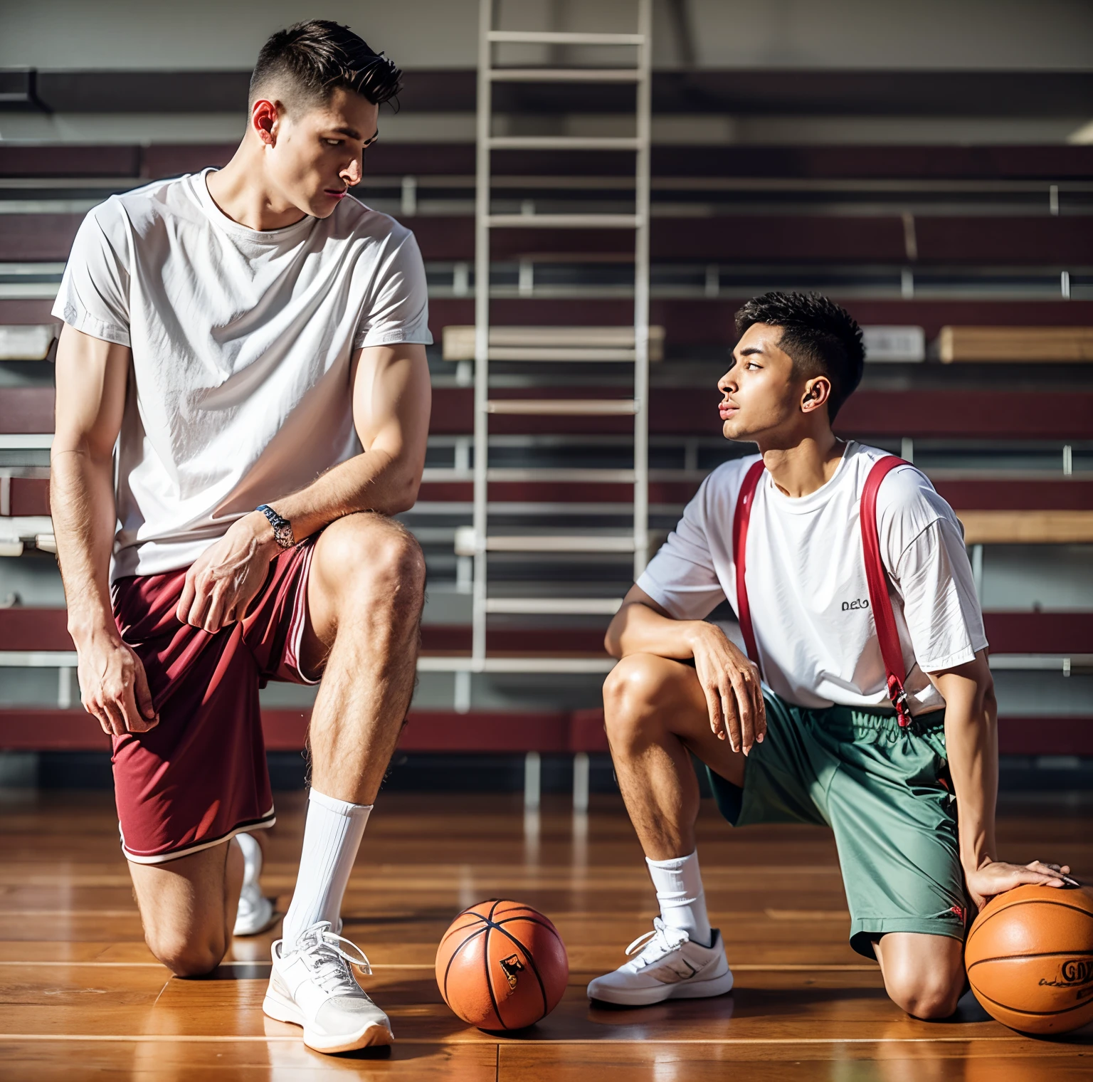 Two men kneeling on the floor, one is incredible tall with white t shirt and red sporting shorts, another is much shorter with white t shirt and green shorts