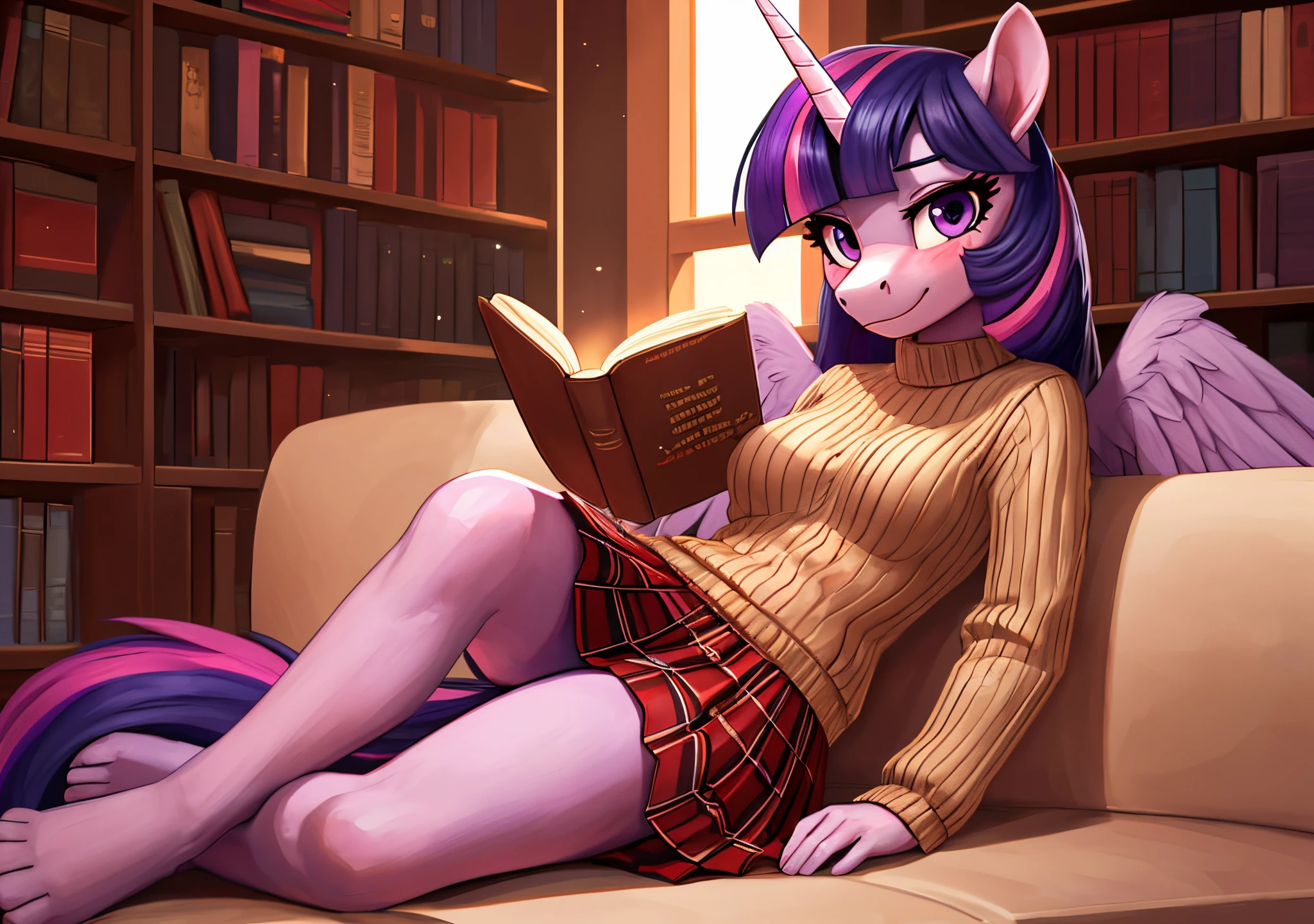 [twilight sparkle], [Uploaded to e621.net; (Pixelsketcher), (mayosplash), (wamudraws)], [uploaded to twitter.com; (@senip)], ((masterpiece)), ((HD)), ((solo portrait)), ((full body)), ((front view)), ((feet visible)), ((furry; anthro horse)), ((detailed fur)), ((detailed shading)), ((beautiful render art)), {anthro female; (slim figure), light-purple fur, horse snout, (long purple hair pink highlights), (long purple tail pink highlights), (light-purple unicorn horn), (light-purple pegasus wings), (long eyelashes), (cute purple eyes), (small boobs), (gorgeous hips), (beautiful legs), (beautiful feet), (blushing), (cute smile)}, {(beige sweater), (red plaid skirt), (upskirt white panties)}, {(laying on couch), (reading book), (legs crossed), (looking at viewer)}, [background; (library), (bookshelves), (window), (blue sky), (sun rays)]