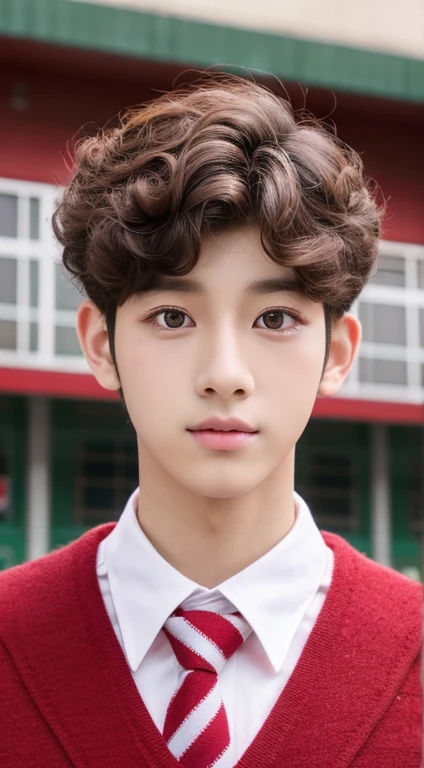 Korean high school boy , he is a handsome boy  wearing a red school uniform,big eyes with curly eyelashes and hazel colored eyeballs, a sharp nose, and pink lips, he has short, straight hair he doesn't have curly hair