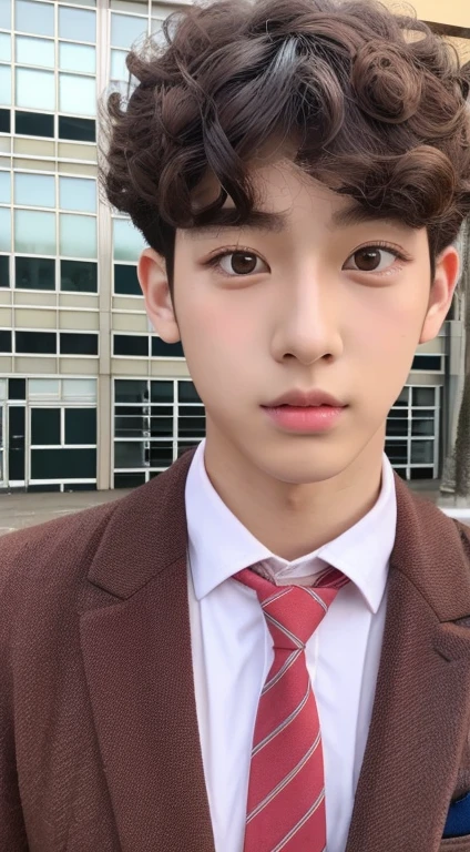 Korean high school boy , he is a handsome boy wearing a red school uniform,big eyes with curly eyelashes and hazel colored eyeballs, a sharp nose, and pink lips, he has short, straight hair he doesn't have curly hair