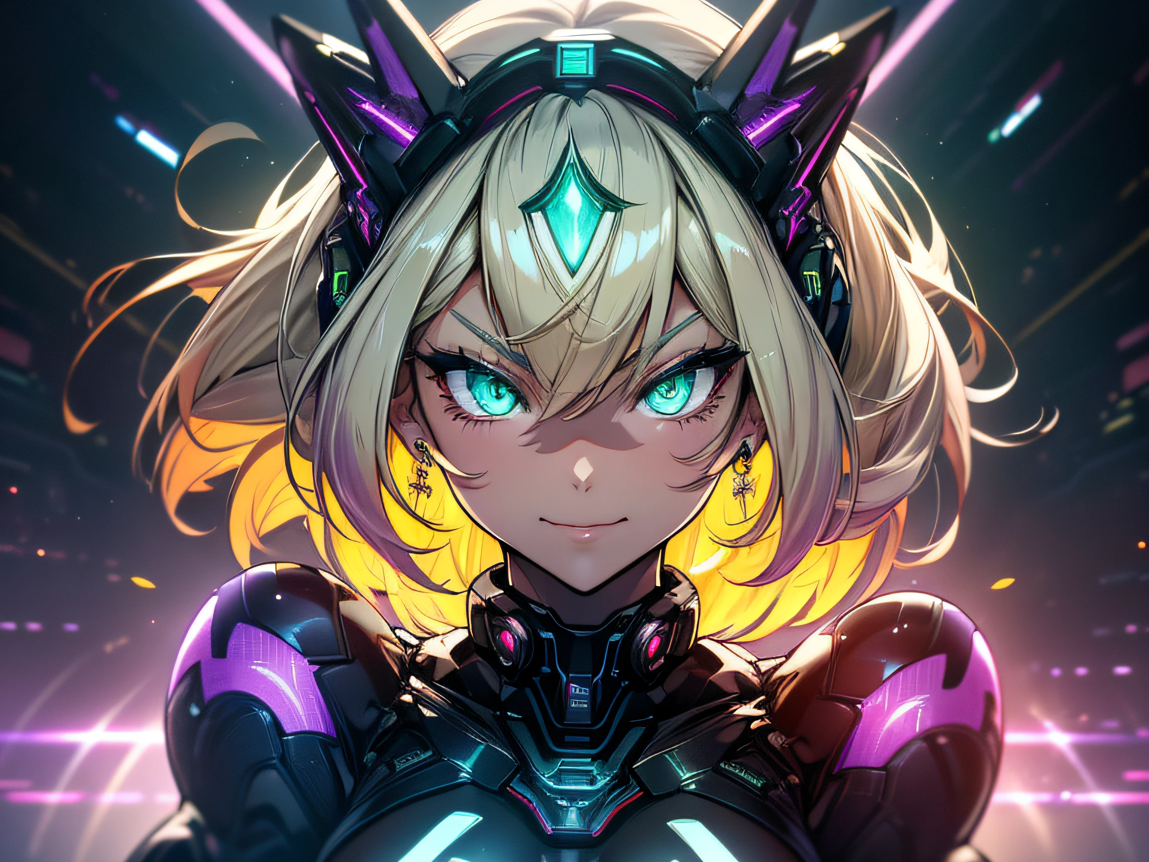 ((high res, HDR, HD, Ultra sharp, 8k)), close up glamour photography photo of a girl with generous round medium breasts with long blonde layered hair with bangs, (blue innerhair), wearing a purple light emitting mecha bodysuit, glossy suit, she has a very detailed face, cute smile, (electric blue eyelashes), eyeliner and glowing round detailed (radiant green eyes), Cybernetic, Futuristic, light emitting purple body suit,(((bold demeanor, classy pose))), neon, hyperrealist ultra detailed space background, slim and smooth lines, fill lighting , ((dutch angle)), ARRI ALEXA 65,Kodak Vision3,Voigtländer Nokton 50mm f1.1,