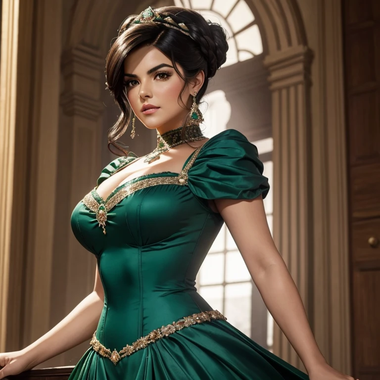 Mujer hermosa, Maite Perroni, Parte superior del cuerpo, British regency updo with 19th century emerald green dress