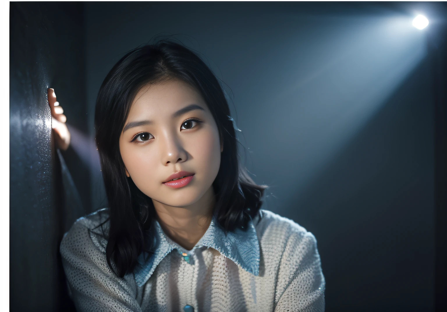 ((masterpiece), (best quality), (raw photo), (photorealistic:1.4), Highly realistic photo, Portrait of a 25 year old Vietnamese young woman, shirt, black hair,The light from above shines down, (dark blue background), photo taken in 1975 by Fujifilm XT3