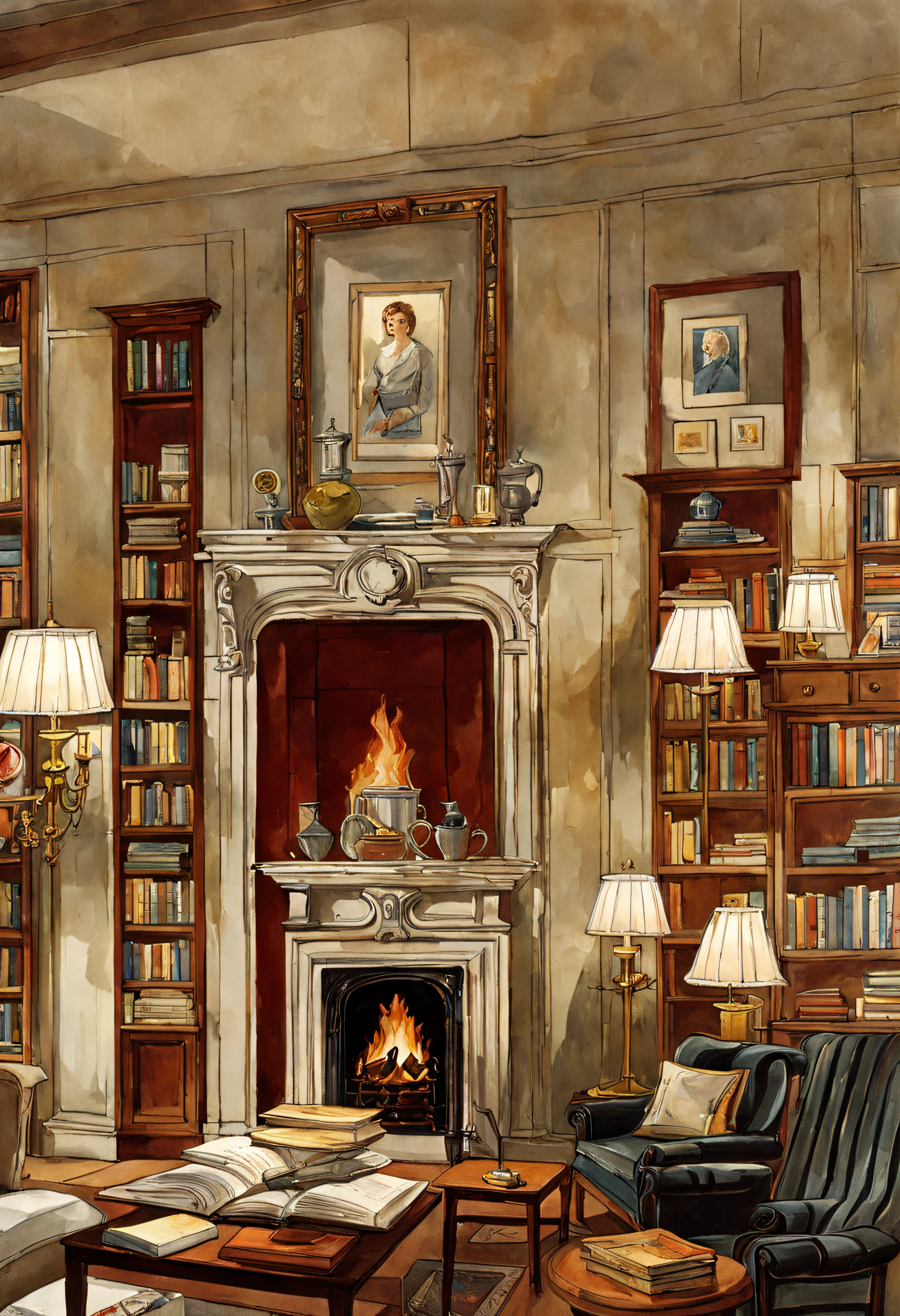 (Acuarela en estilo Sargent)、(highest quality、obra maestra) oficina con paredes de ladrillo , una oficina deteriorada , poco iluminada , libreros viejos y una chimenea apagada al fondo del cuarto