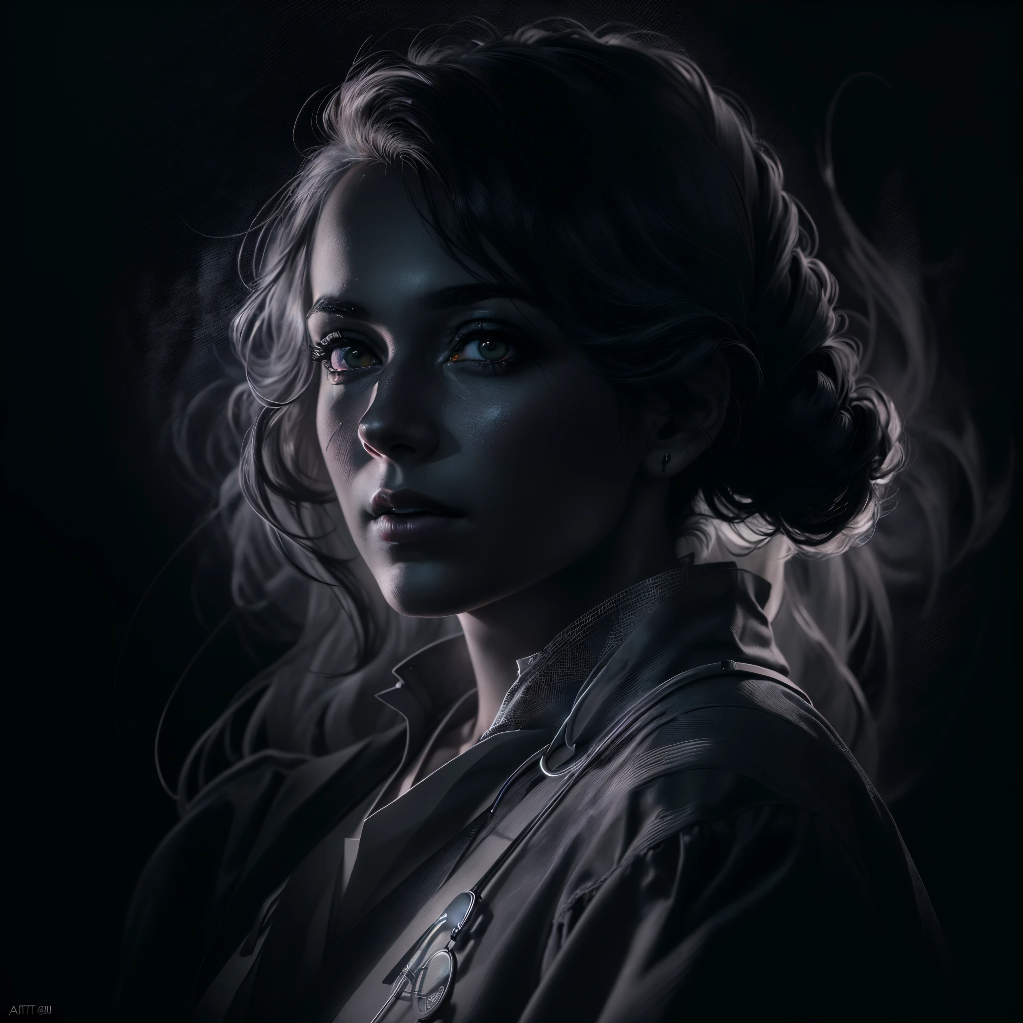 ((best quality)) , ((masterpiece)) , ((realistic)) , (((Black Light Art))) ,Black color tone, (black background) , ((Black light and shadow)) , Portait photo of a Abstract Female Physician from 1920, trending on artstation, 8k resolution