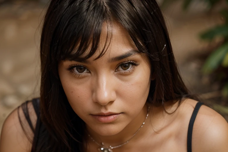 Photograph of a Native American woman looking at the camera, Pay close attention to the details in your eyes, young woman, mulher atraente, Beautiful woman, cabelos pretos, Cocar grande, high-angle photo, Luz da Hora de Ouro, with bangs