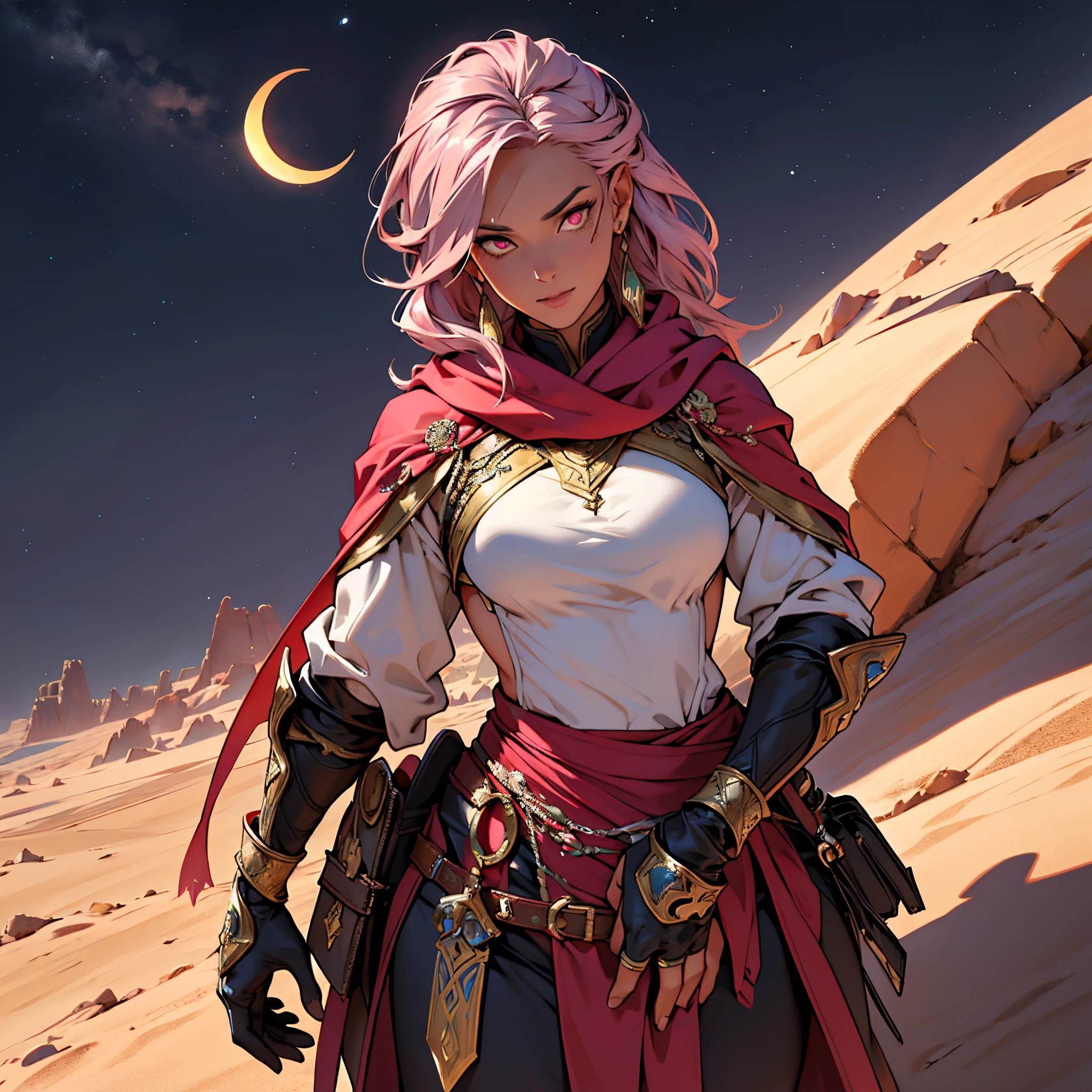 ​masterpiece, Best Quality, 4k, Very detailed, Background with: Oasis under the crescent moon in the desert night, Moroccan middle-aged female warrior wearing Islamic armor(1 person), red hijab, Pink eyes, Fantasy, The perfect human body, flame, sandstorm, Long silver hair