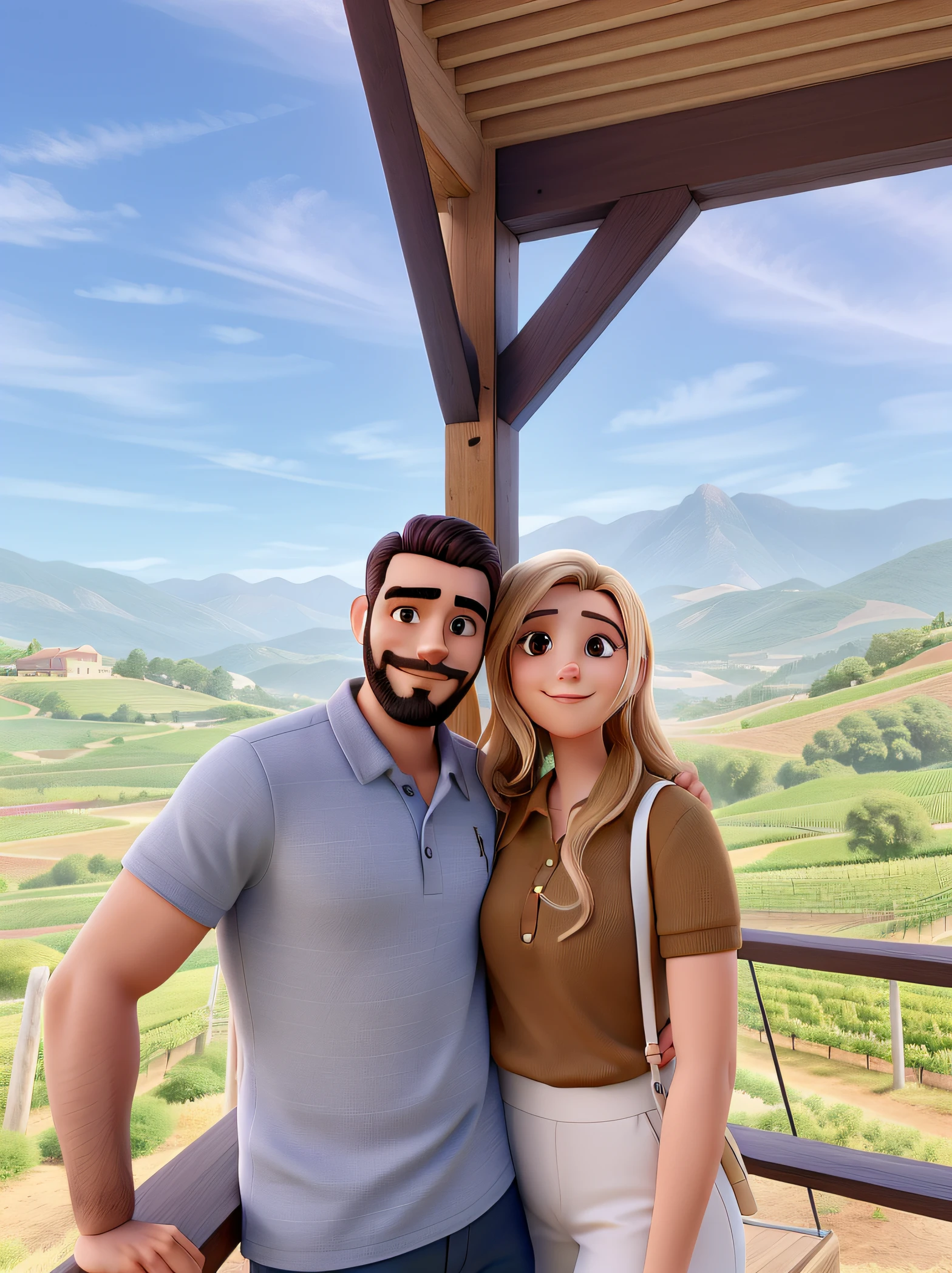 Couple hugging sideways with a background of a winery and mountains, homem de cabelo curto preto e barba muito curta preta, mulher branca loira alta qualidade, melhor qualidade
