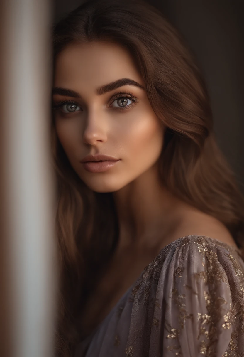 arafed woman fully , sexy girl with brown eyes, ultra realistic, meticulously detailed, portrait sophie mudd, brown hair and large eyes, selfie of a young woman, dubai eyes, violet myers, without makeup, natural makeup, looking directly at the camera, face with artgram, subtle makeup, stunning full body shot kneeling on bed, in bedroom, medium to large size bust