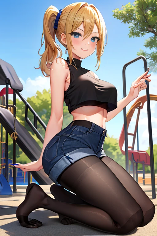 masterpiece, best quality, AiHayasakaV4, 1girl, solo, breasts, blush, blue eyes, blonde hair, hair ornament, hair between eyes, nail polish, side ponytail, scrunchie, hair scrunchie, blue nails, blue scrunchie, ((slim body)),((slim legs)),((slim thighs)), ((medium breasts)),((sunny day)), ((sitting on floor)), (feets in first plan:1.4)), ((show feets:1.4)), ((playground background)), ((smile smug face)), ((black pantyhose:1.4)), ((black school shoes)), ((short jeans)), ((black tank logo)), ((underboob)),