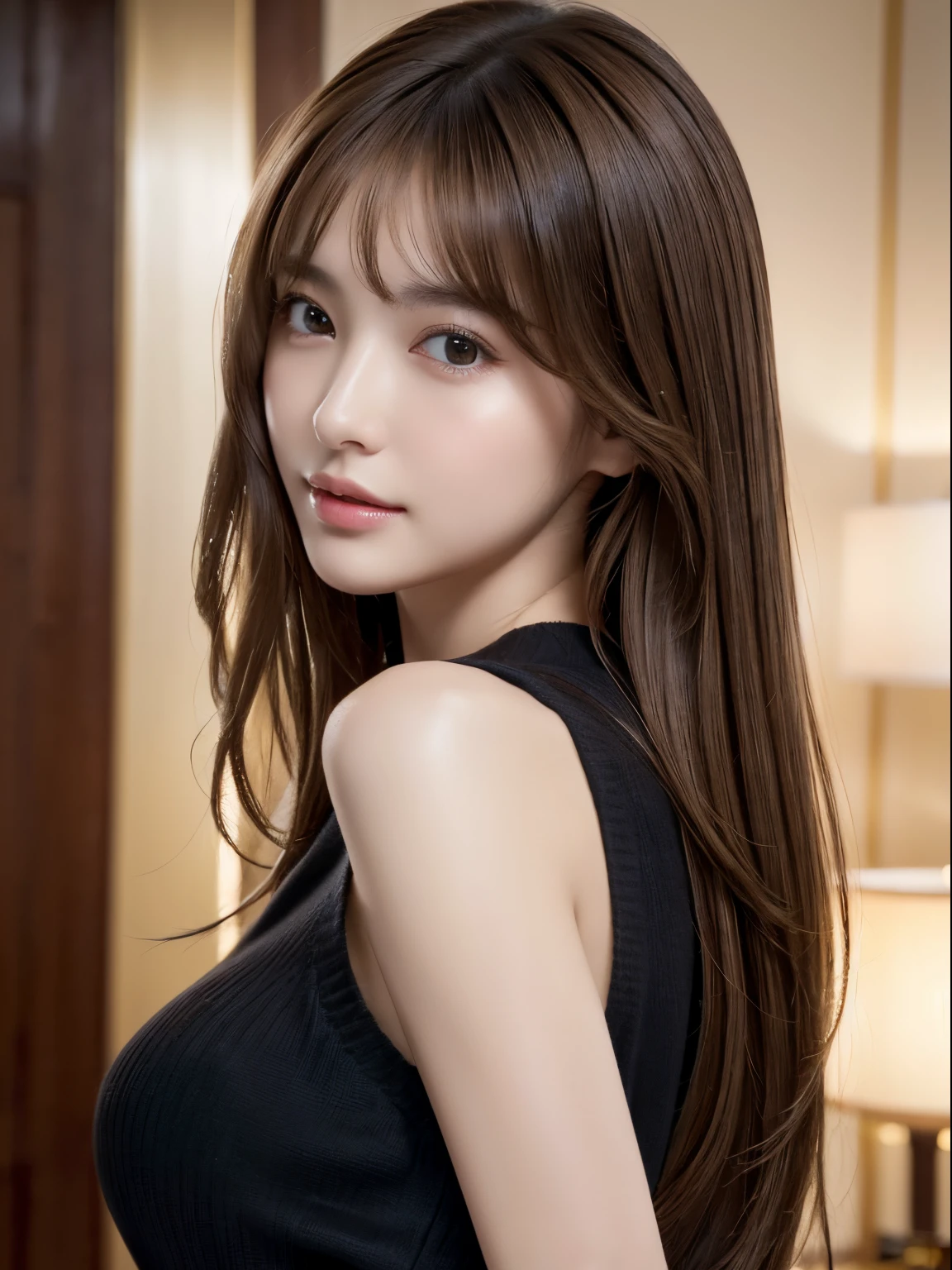 (masuter piece:1.3)、(8K、Photorealsitic、Raw photography、top-quality: 1.4)、(1girl in)、美丽的面容、(Lifelike face)、(light brown hair:1.5)、(Medium Hair)、Beautiful hairstyle、（One eye is hidden by bangs：1.5）、Realistic brown eyes、Beautiful details、（real looking skin）、Beautiful skins、（Black sweater）、absurderes、enticing、embarrassed、超A high resolution、A hyper-realistic、high-detail、the golden ratio