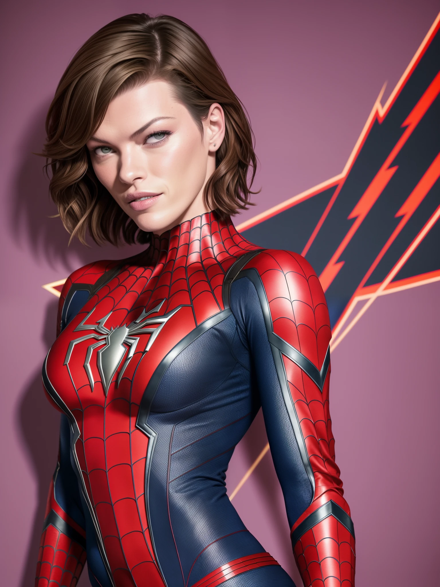 "Genera una imagen de Milla Jovovich usando un traje de Spiderman. Detalla las manos sin imperfecciones para destacar la elegancia del personaje. The performance should capture the fusion between Spiderman's suit and Milla Jovovich's distinctive presence, ensuring maximum visual quality in the image." --auto --s2