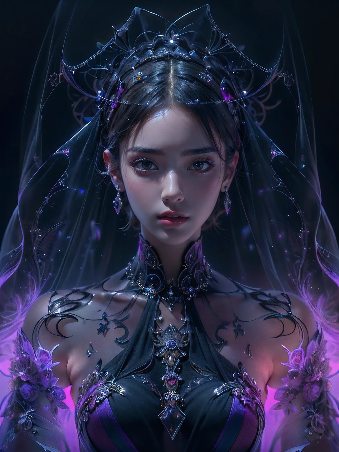 (Top quality photo of a beautiful woman in a see-through black dress),(extremely delicate and beautiful work:1.2),(Foggy, Veil of Light, Bale with light particle effect:1.2), (Black and purple background, darkness, Iridescent aura floating in the dark:1.3), very beautiful and sexually attractive woman, (Shiny skin),Ultra-detailed face, Detailed eyes, Lustrous lips ,slender physique, Beautiful figure, Elegant,(Fractal Art),(surrealism),(Best Quality, masutepiece, ultra-detailliert, 超A high resolution, Photorealistic, Raw photo, absurderes, absolutely resolution:1.4),