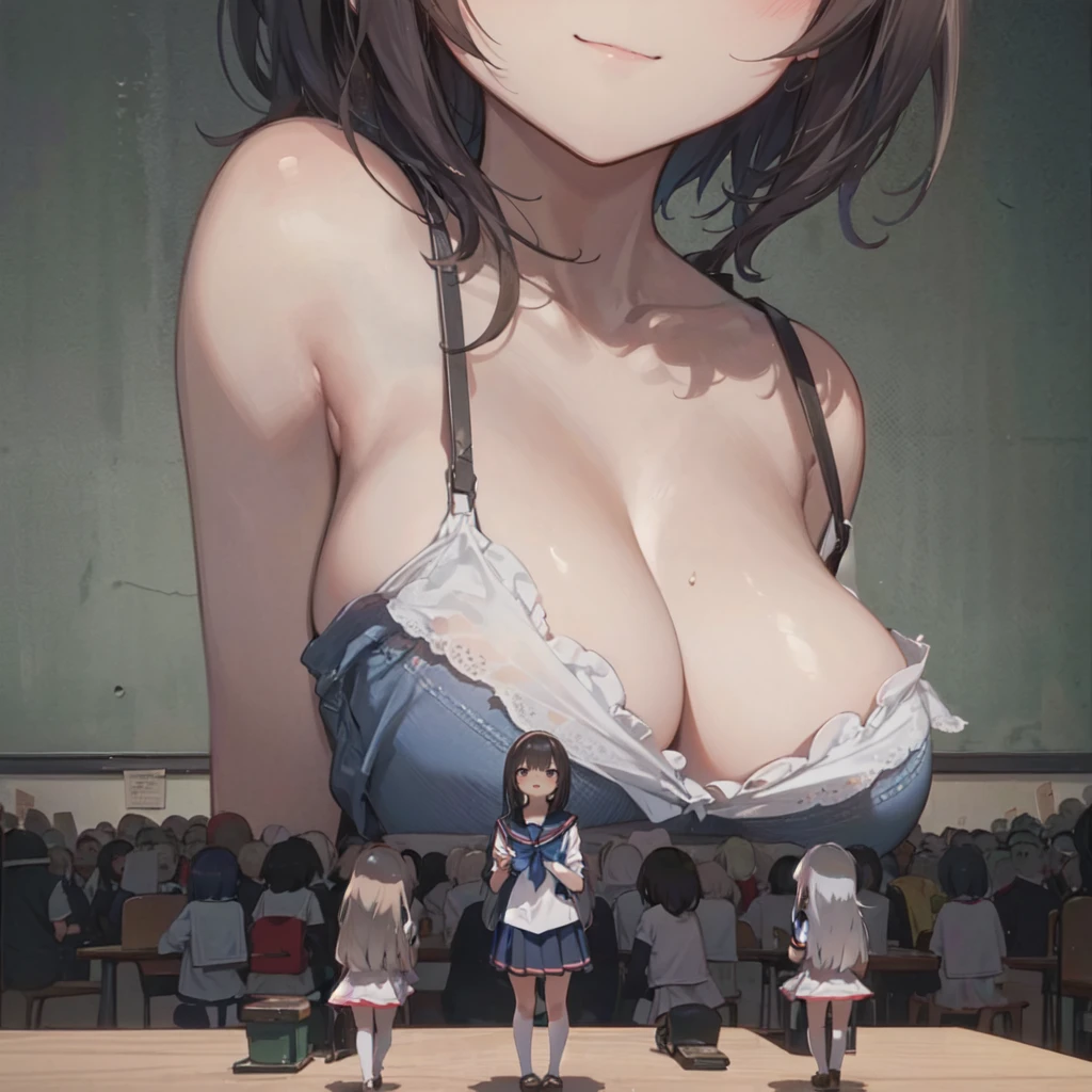 (classroom: 1.2), table, desk, (giantess:1.3), small breasts, smug, cleavage, serafuku, tall, a classroom of people on a platform below the breasts of a giantess, a classroom of people on a platform in front of the breasts of a giantess, (crowds:1.4), (multiple_girls:1.5), (1girl:1.5), serafuku, (minigirl:1.4), (minigirl on a table: 1.2)