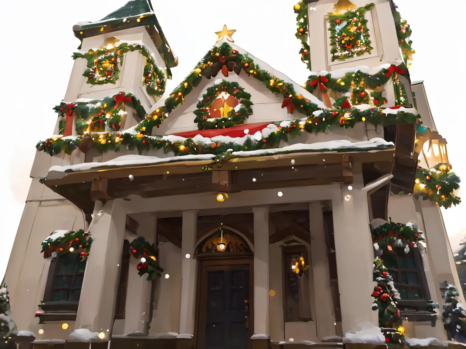 Generate an image of a festive Christmas church scene in a winter setting. Imagine a charming church adorned with traditional Christmas decorations, como luzes coloridas de Natal, Grinaldas, and a beautifully decorated Christmas tree. A cena deve evocar uma atmosfera calorosa e alegre, capturing the spirit of the holiday season. Make sure the image reflects the classic, timeless essence of Christmas, with a touch of warmth and celebration. Pay attention to details like snow-covered environments, luzes cintilantes, e senso de comunidade. Deixe a imagem transmitir a magia e a beleza do Natal em um ambiente de igreja.