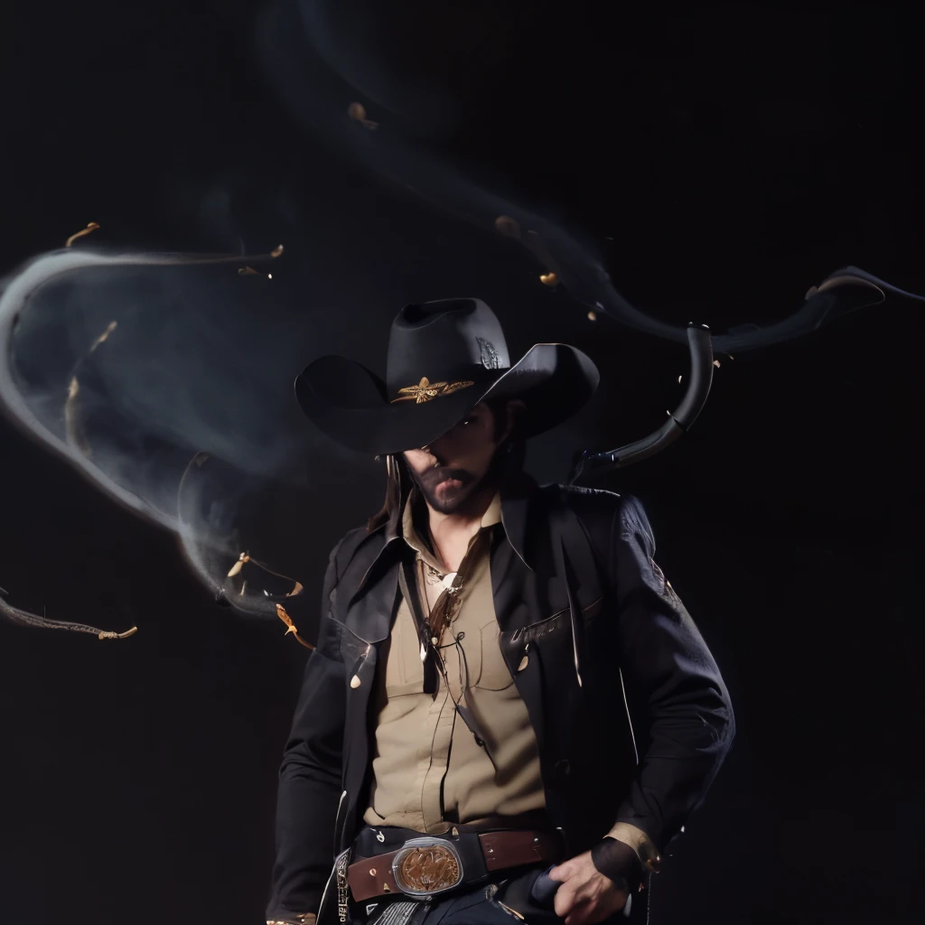 ((masterpiece)), 8k cg, best quality, intricate details, chromatic aberration, close up, ((bust shot)), ((looking at the viewer)), 1boy, Cowboy, pale skin, ((Character((a boy)), confident smile, closed mouth, brown eyes)), pretty, handsome face, defined jawline, sharp features, cheekbones, pretty facial features, ((combed over hair, ((brown hair)), ((rancher, cowboy hat, duster, bullet belt, revolvers, collared shirt)), defined body, masculine features, wide shoulders, slender, (((background(((dark background)), smoke)))