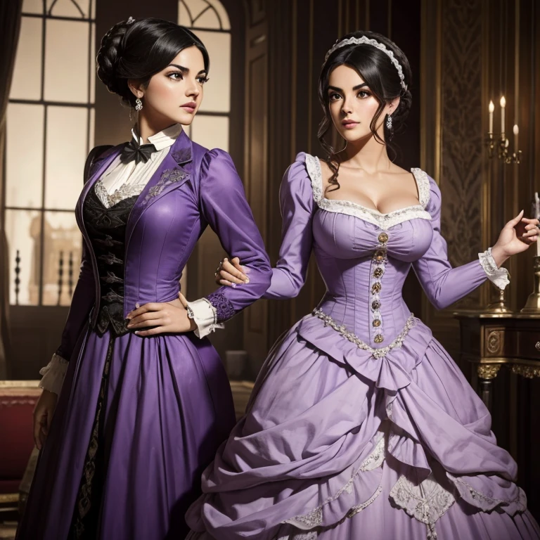 Mujer hermosa, Maite Perroni, Parte superior del cuerpo, british regency updo hair with 19th century lilac victorian dress