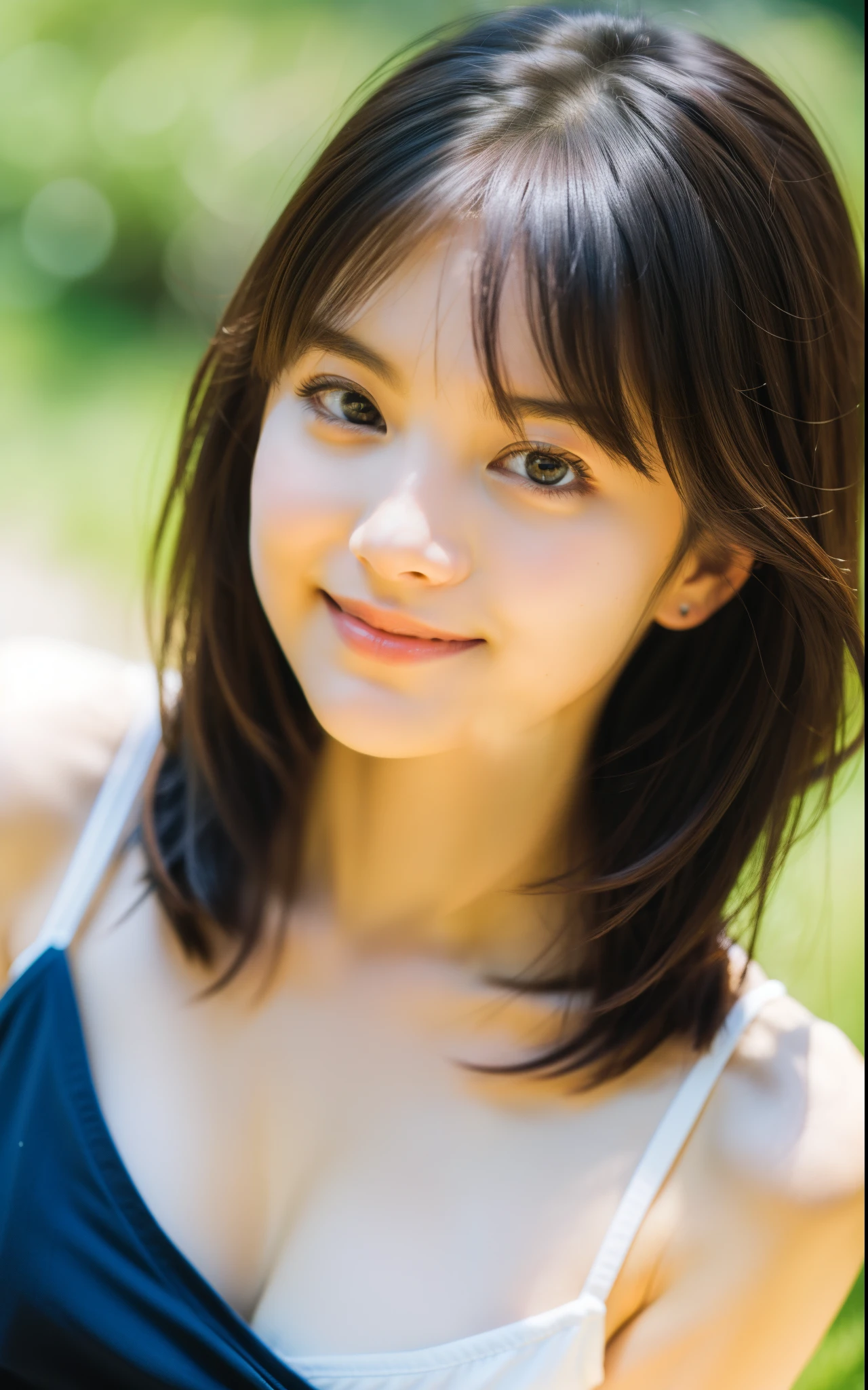 masutepiece, Best Quality, 8K, 20 yo, (large full breasts:1.2), Shy smile, Midsummer daytime, cute little, Solo, sad, close up, Cute, Girly, Delicate girl, Neat and clean beauty, Raw photo, Professional Photography, Portrait, Soft light, Professional Lighting, Back lighting, Upper body, Sophisticated, Film grain, (Eyes and faces with detailed:1.0), Short-length floating hair , Beautiful flowing hair, Bangs, Tank tops