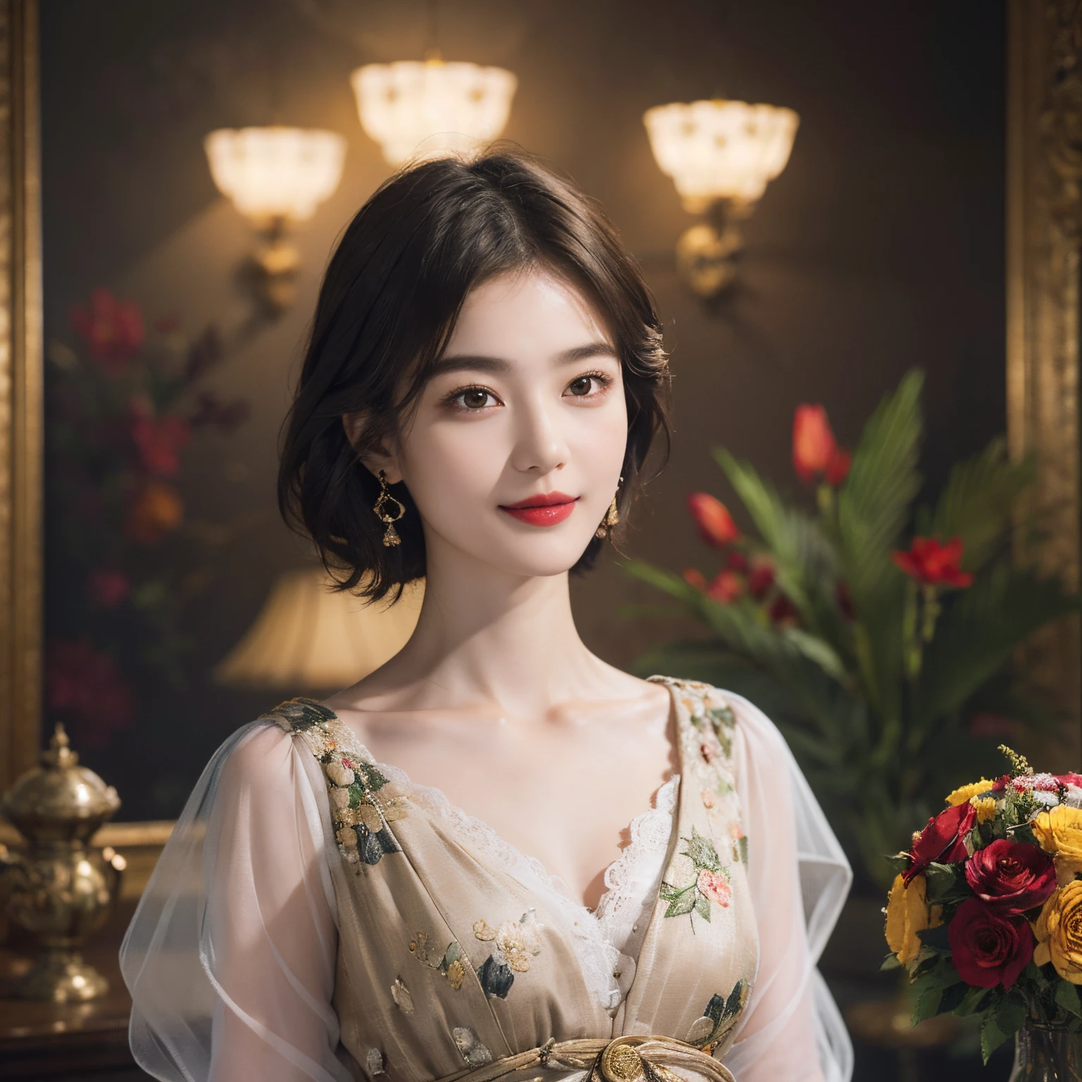 117
(a 20 yo woman,is standing), (A hyper-realistic), (high-level image quality), ((beautiful hairstyle 46)), ((short-hair)), (Gentle smile), (breasted:1.1), (lipsticks), (florals), (Light and Darkness), (rembrandt painting), (Luxurious room)