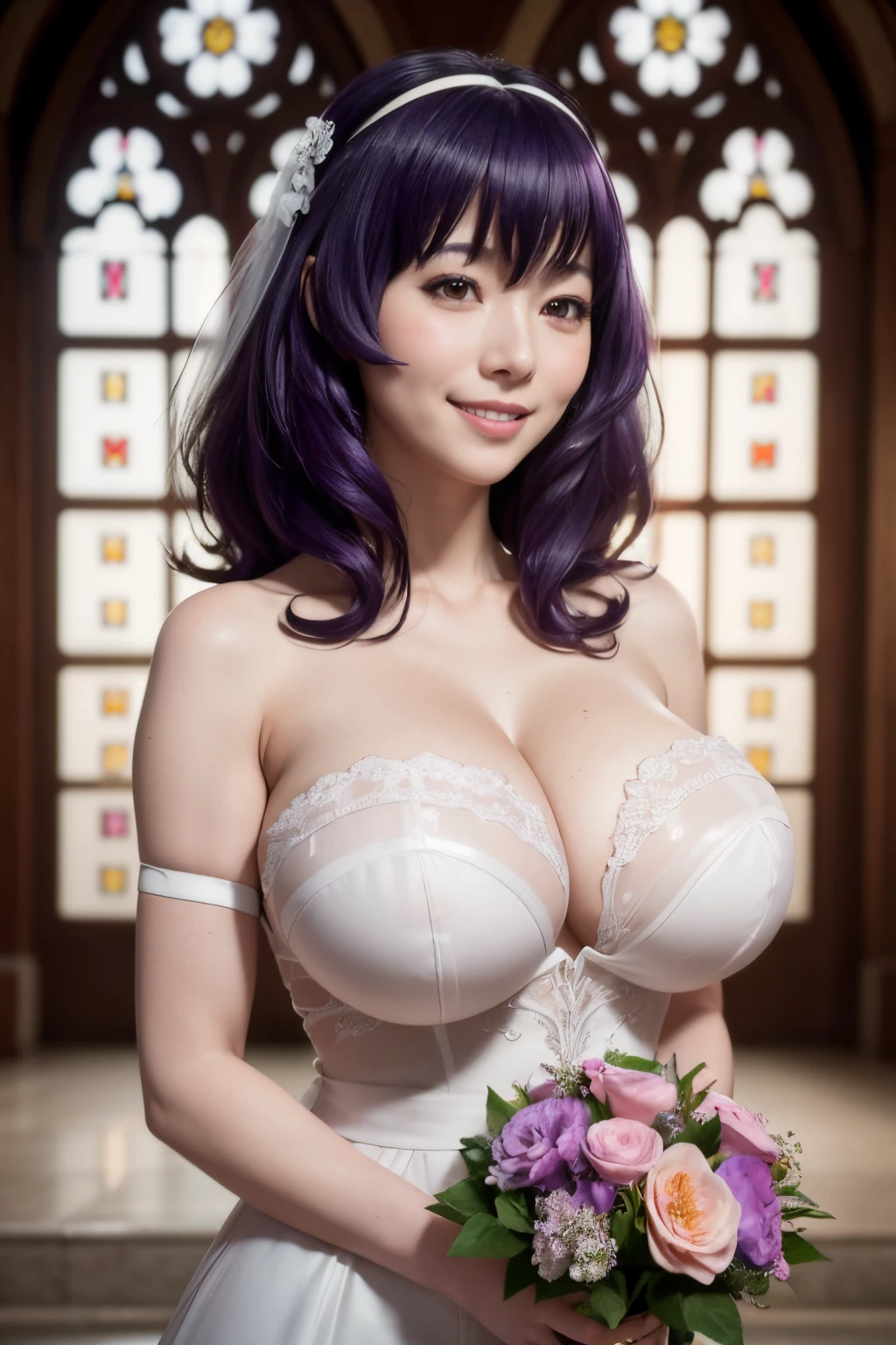 huge breasts, upper body, masterpiece,8k, best quality, good hands, wide hips,good eyes, 1girl, solo, high detail hair, maximum detail, intricate detail, extremely clear,ray tracing, nsfw,rtx,white wedding dress ,smile, shy, blush, strapless, busty, curvy, embaressed,yamanobe tomo purple hair red eyes medium hair (((huge breasts:1.3)), mature female,wholesome,on d850 film stock photograph 4 kodak portra 400 camera f1.6 lens rich colors hyper realistic lifelike texture dramatic lighting unrealengine trending on artstation cinestill 800 tungsten, smile, church, holding bouquet of flowers, crying