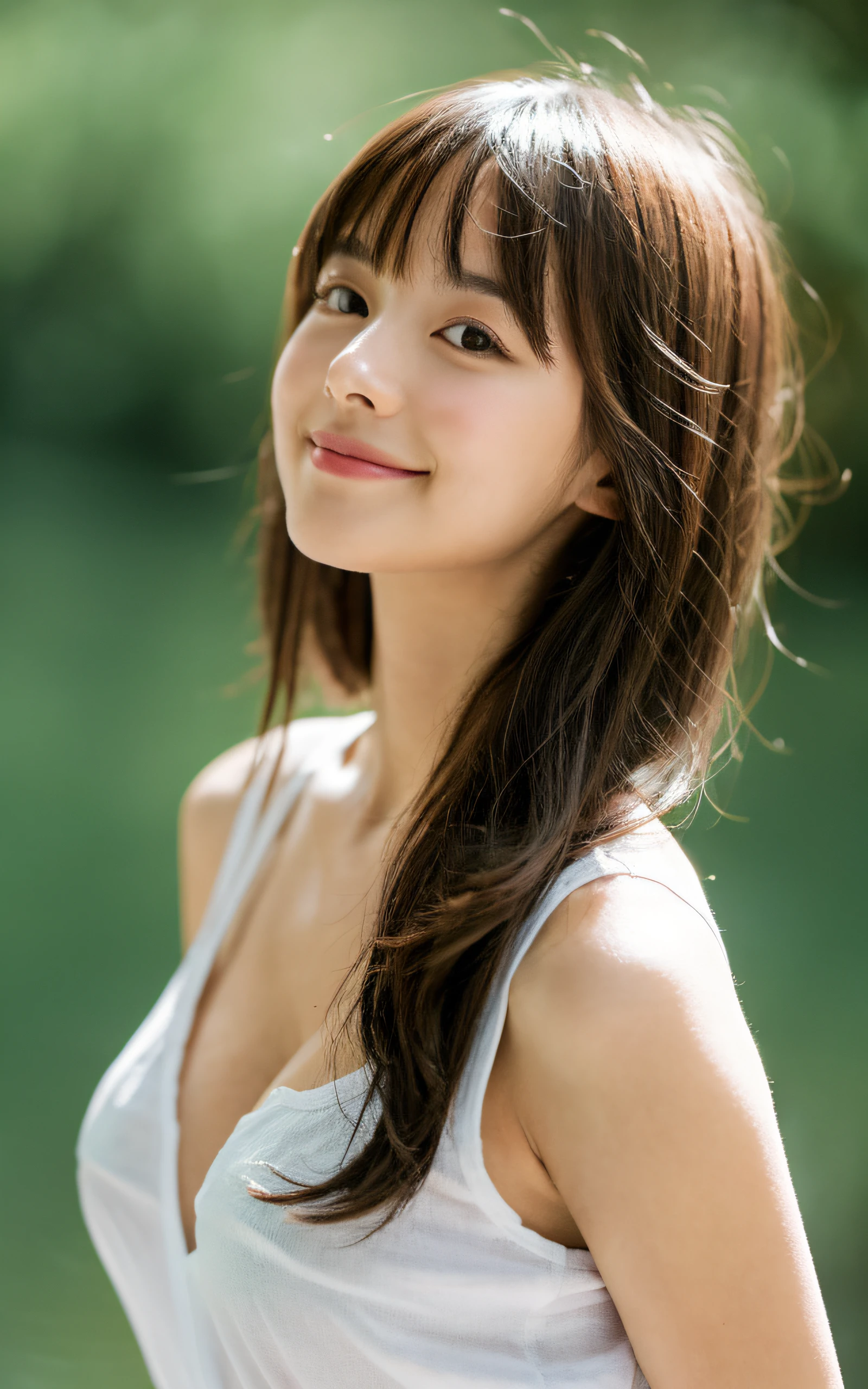 masutepiece, Best Quality, 8K, 20 yo, (large full breasts:1.2), Shy smile, Midsummer daytime,  cute little, Solo, sad, close up, Cute, Girly, Delicate girl, Neat and clean beauty,  Raw photo, Professional Photography, Portrait, Soft light, Professional Lighting, Back lighting, Upper body, Sophisticated, Film grain, (Eyes and faces with detailed:1.0), Short-length floating hair , Beautiful flowing hair, Bangs, Tank tops