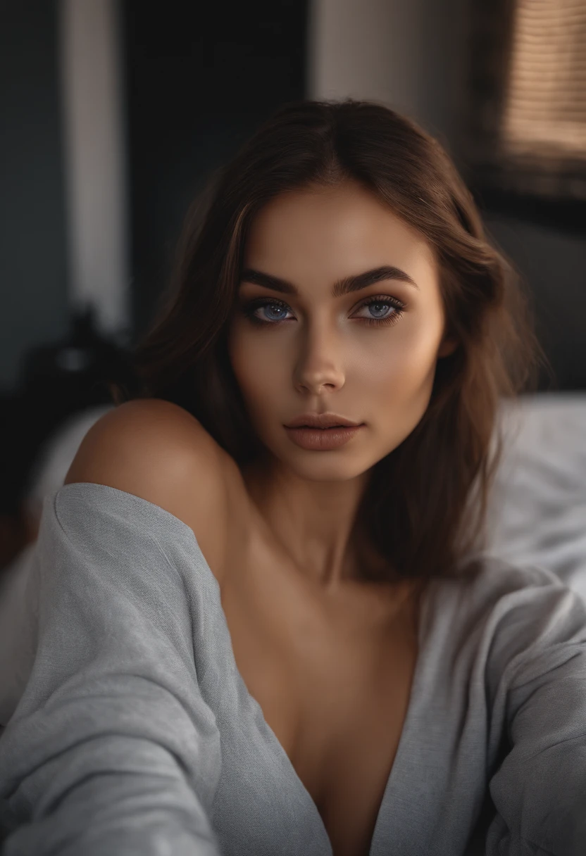 arafed woman with black clothes, sexy girl with brown eyes, portrait sophie mudd, brown hair and large eyes, selfie of a young woman, bedroom eyes, violet myers, without makeup, natural makeup, looking directly at the camera, face with artgram, subtle makeup, stunning full body shot, in bedroom, cleavage