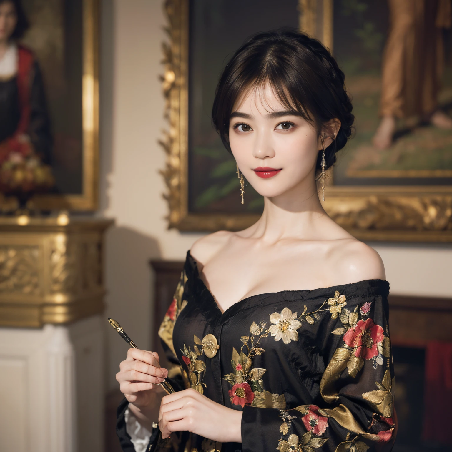 117
(a 20 yo woman,is standing), (A hyper-realistic), (high-level image quality), ((beautiful hairstyle 46)), ((short-hair)), (Gentle smile), (breasted:1.1), (lipsticks), (florals), (Light and Darkness), (rembrandt painting), (Luxurious room)