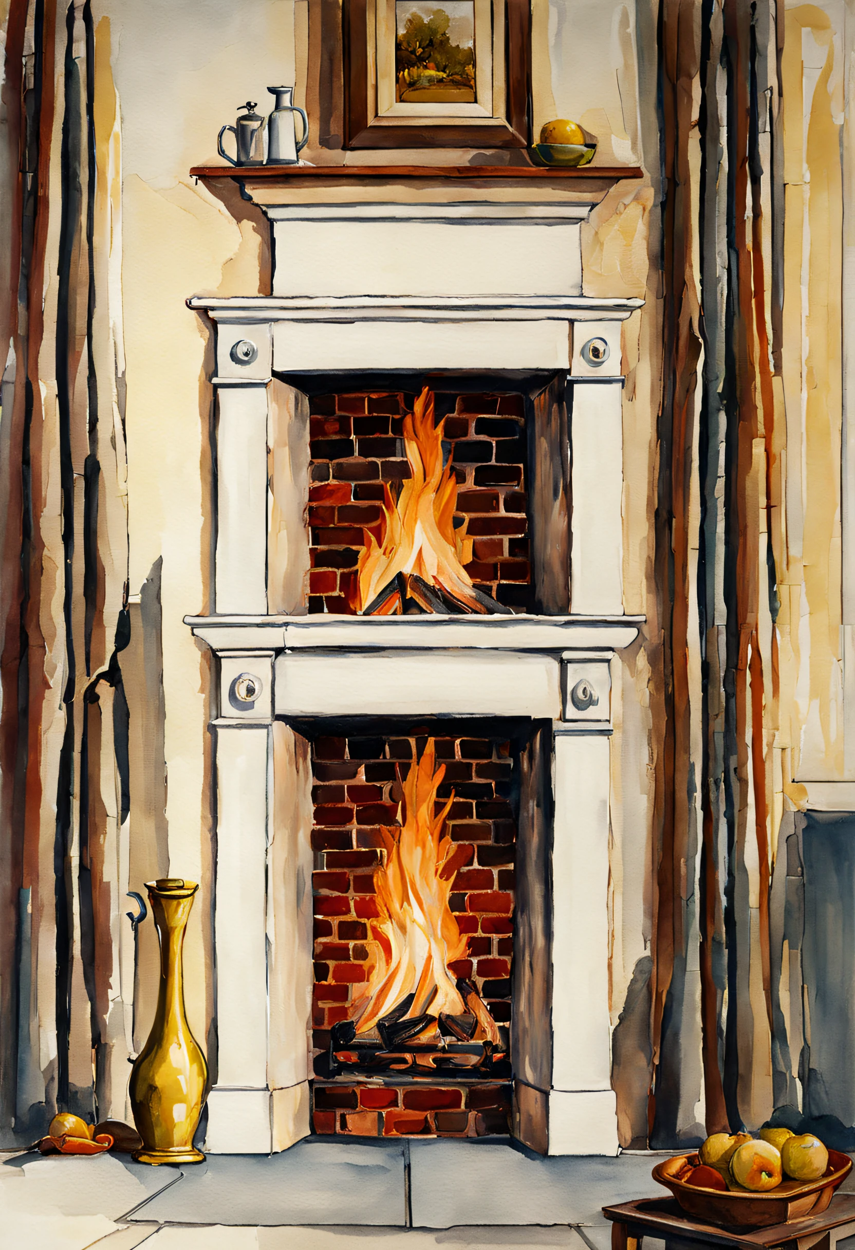 (Acuarela en estilo Sargent)、(highest quality、obra maestra) close up de chimenea de ladrillo apagada