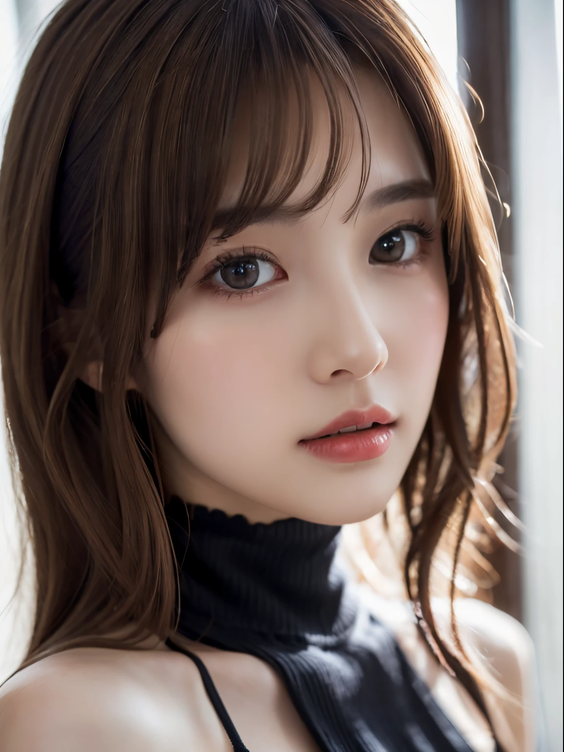 (masuter piece:1.3)、(8K、Photorealsitic、Raw photography、top-quality: 1.4)、(1girl in)、美丽的面容、(Lifelike face)、(light brown hair:1.5)、(Medium Hair)、Beautiful hairstyle、（One eye is hidden by bangs：1.5）、Realistic brown eyes、Beautiful details、（real looking skin）、Beautiful skins、（Black sweater）、absurderes、enticing、embarrassed、超A high resolution、A hyper-realistic、high-detail、the golden ratio