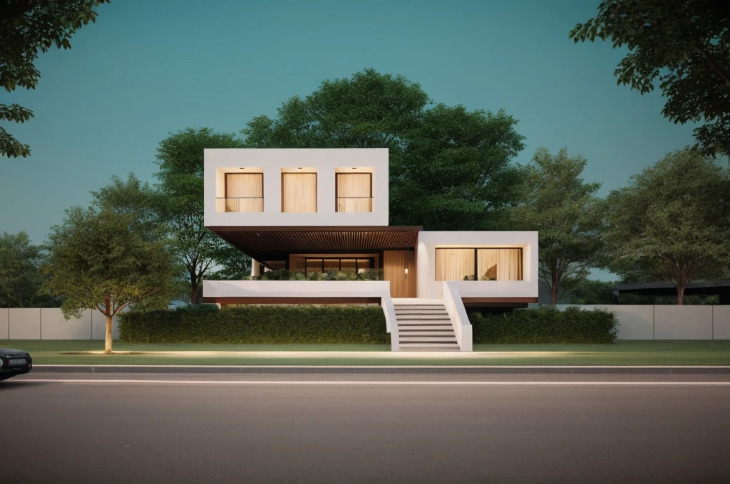 Realistic images, extremely detailed, a modern house, 1 road in font of house, large yard made by ceramic, (1 car), brick fence, lawn, a few small flowers, a road in front of the house, the main materials of the house are white walls and wood, design style Modern design, clear blue sky, sunrise light, light from inside, dynamic light,shimering light, cinematic light, romantic feeling