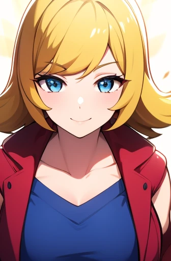 masterpiece, best quality, highres, serena \(pokemon\), short hair, blue eyes, 1girl, solo, blue ribbon, eyelashes, neck ribbon, sleeveless, bangs, collarbone, bare arms, pink dress , red coat, white background, front, no scenery, looking at the viewer,upper body, facing viewer, solid color background, clean background, facing the camera, high resolution, expressionless calm face, white back ground, looking away, clonion, blonde,