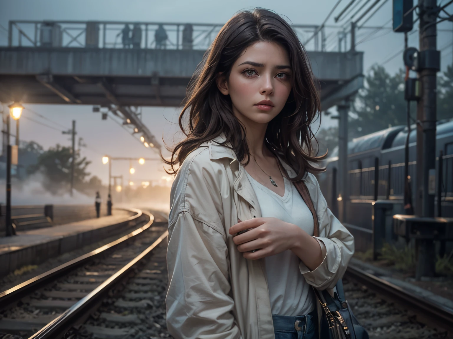 pper body close-up image.A beautiful woman stands at an unmanned train station in the countryside with a worried look on her face. A mysterious fog is gathering around them. The time is night. Dark brown hair. Beautiful double eyes. The bridge of my nose. Well-shaped lips. modern clothing. A masterpiece.