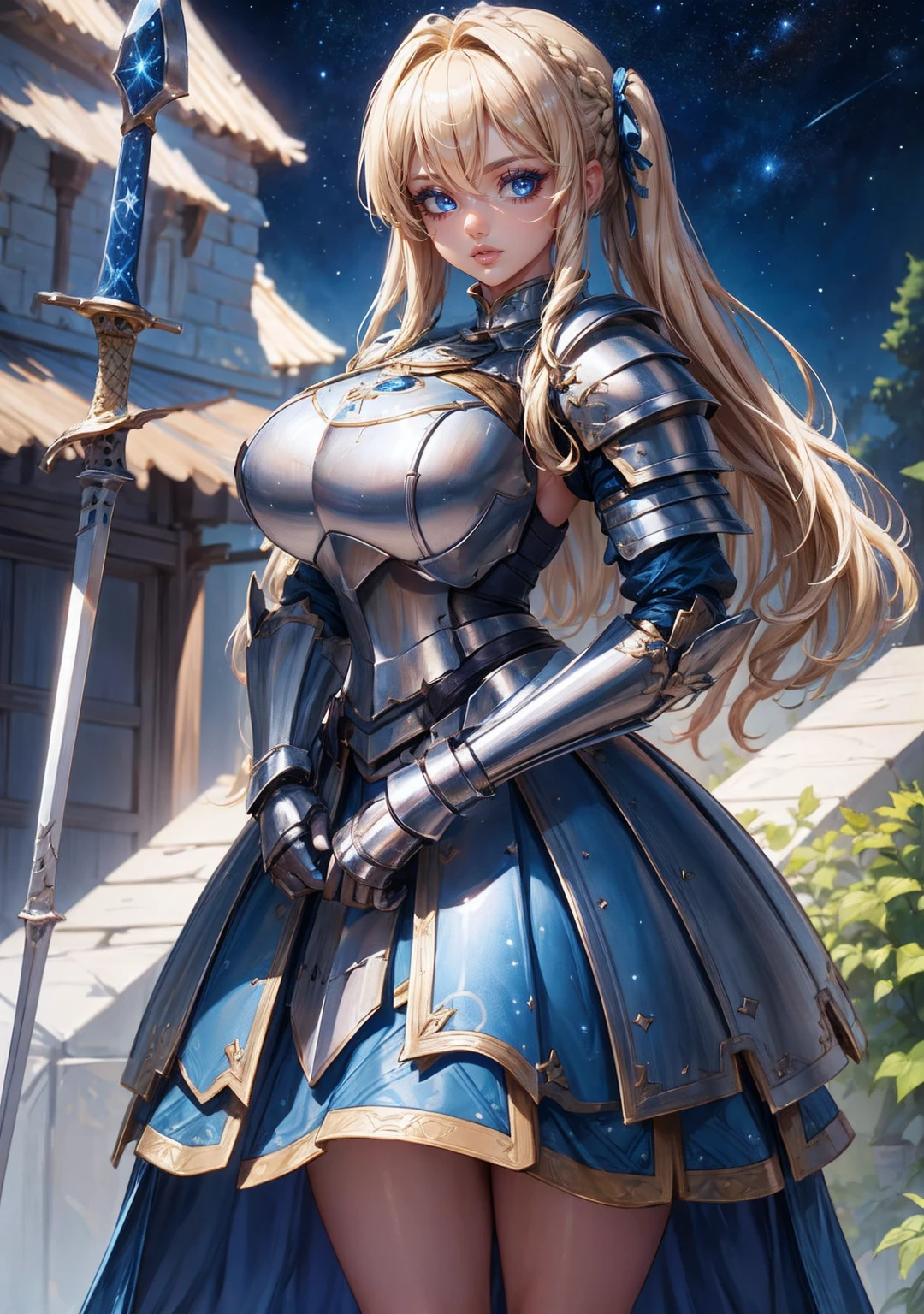 Best quality, 8k, Highly detailed lighting and shading, blonde knight girl, high detailed Blue armor, braided blonde pigtails, blue skirt, galaxy pattern sword.