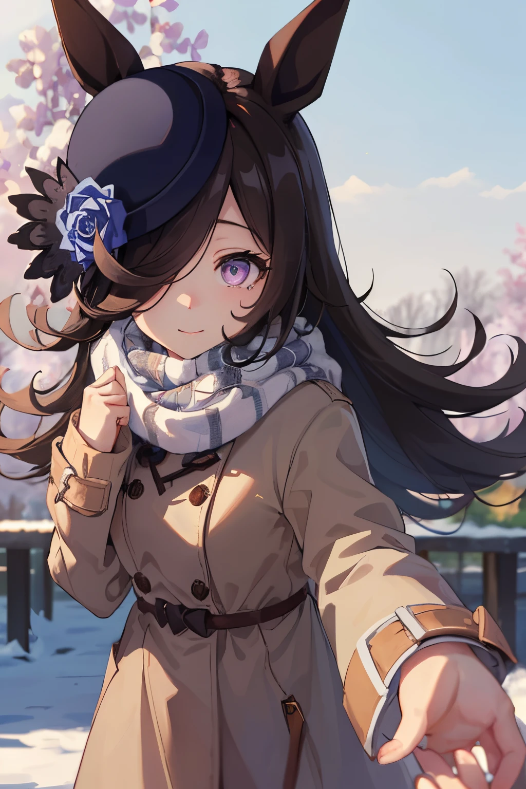 (masutepiece.top-quality).(Dynamic Angle). (Very spectacular detail CG painting),(image perfect)、Solo Girl、comic strip.Illustration.1 girl in.Detailed face、face perfect.delicated face、girl in delicate winter clothes、((Brown long coat))、Textured skin、Black hair.long、(Horse-eared girl)Horse-eared girl、((beautiful lilac eyes)).Delicate and beautiful eyes、Eyes written in detail、Reflected eyes、Watery eyes、Lilac eyes、smil.(Wearing cute winter clothes:1.3).(muffler:0.8)、Autumn sky、8k wallpaper、cowboy shot、Reflected Light、highestdetailed、Convoluted、Delicate background、Textured skin、Detailed skin、(ultra res)、(Solo Girl)