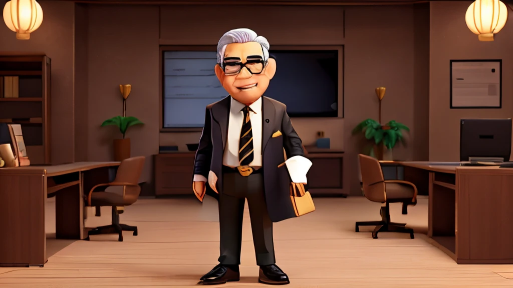 Full body pictures,style of anime,Office boss wearing suit,Grow a mustache,mediterranean hairstyle,Asian 60 year old male,Wear gold wire glasses,wearing a tie,Wear black leather shoes