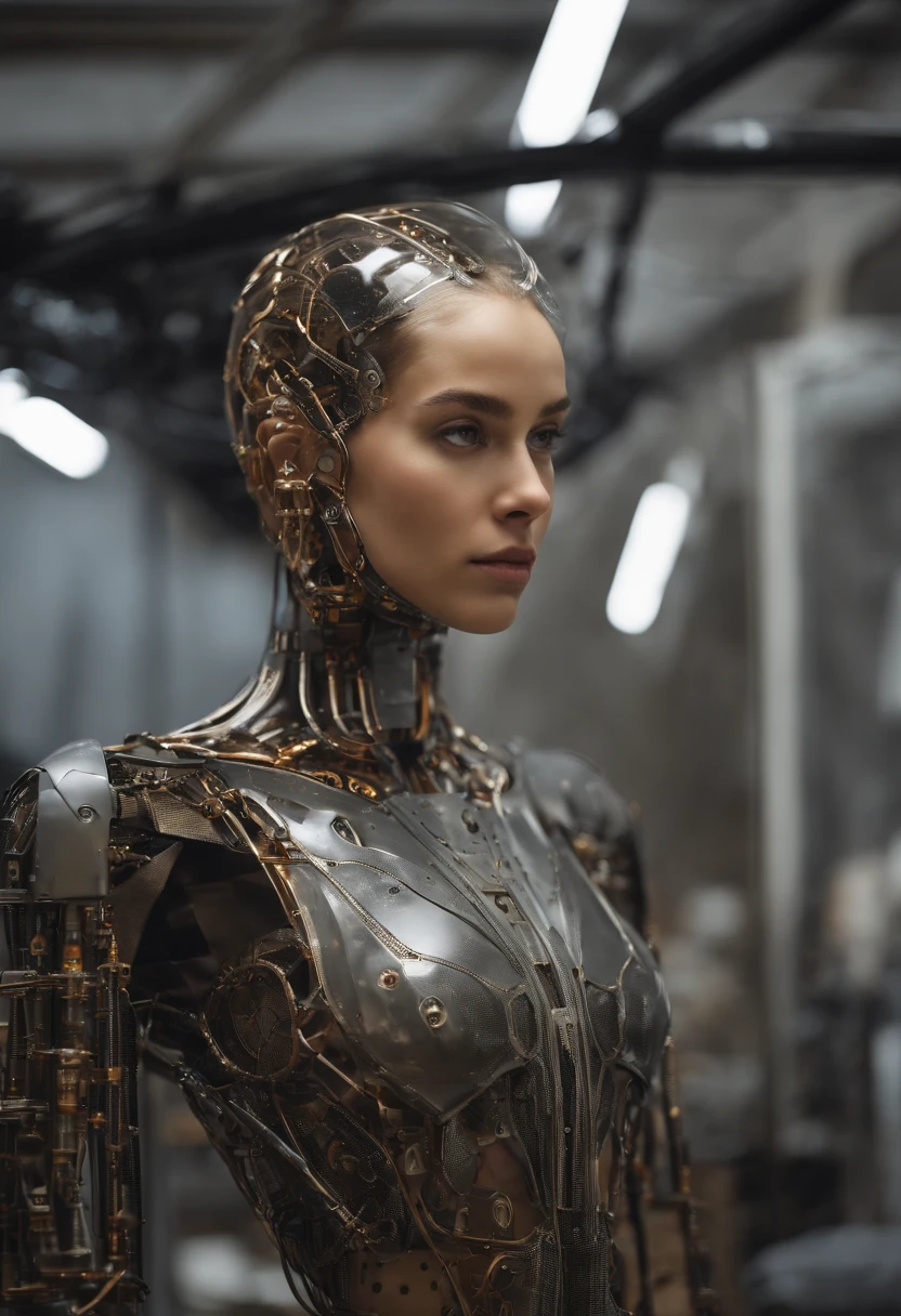 A photo of Ava at an art studio, carefully painting on a canvas,Ex Machina,Ava, the AI character from “Ex Machina,” possesses a striking appearance that blends human and robotic elements: a delicate, humanoid face with expressive eyes and features, set atop a transparent, mesh-like body that reveals her mechanical inner workings. This design creates a sense of otherworldly beauty and fragility, highlighting her advanced technology., female
