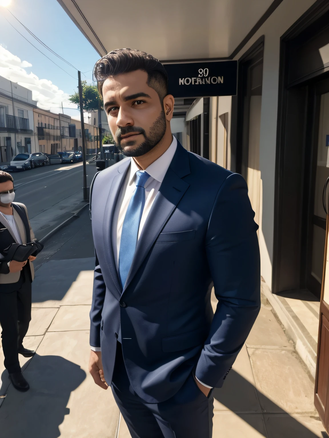um homem gordo, 90 quilos, standing with 30 years in suit and tie, Body and straight head in the photo, de frente para o espectador da foto, olhos fitos para a lente, Appears shoulders and head in the photo, homem centralizado na foto, 8k, melhor qualidade, obra prima, realista, Foto realista, foto de cinema, Ultra realista, 1 pessoa, detalhado, perfect lighting, DSRL, foto profissional, 4k