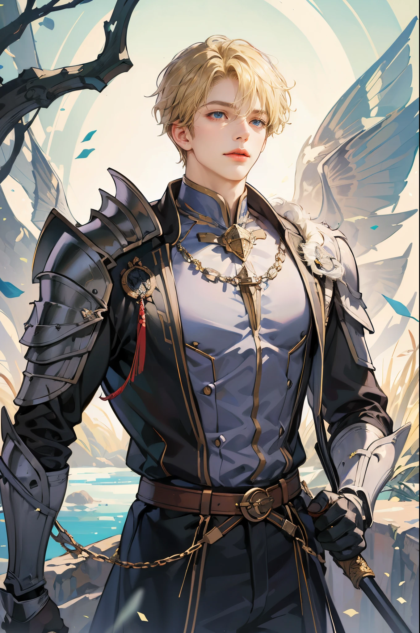 (absurdres, highres, ultra detailed, original character, HDR), 1boy, solo, adult, handsome, ((tall muscular guy, broad shoulders)), finely detailed eyes, ((short fluffy blonde hair)), hair between eyes, forehead, ice blue eyes, magical spell, fantasy iron armor, tight clothes, sword, (portrait), face focused, fairy colorful forest scenery, colorful light, multicolored trees, fantasy greek castle, long face, closed mouth, looking away, depth of field