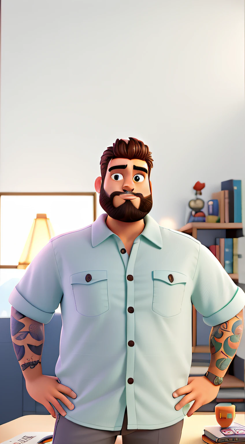 um homem barbudo, gordura, parado na frente, illuminated by the light of a lamp, tendo como pano de fundo uma biblioteca, no estilo disney pixar, em alta qualidade, in maximum quality, arm without tattoo