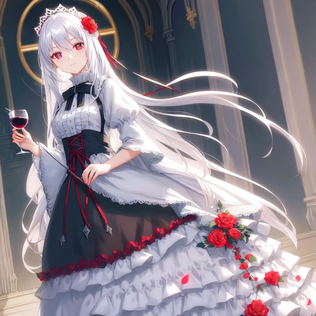 Holding a goblet,Half full of red wine,with a rose
