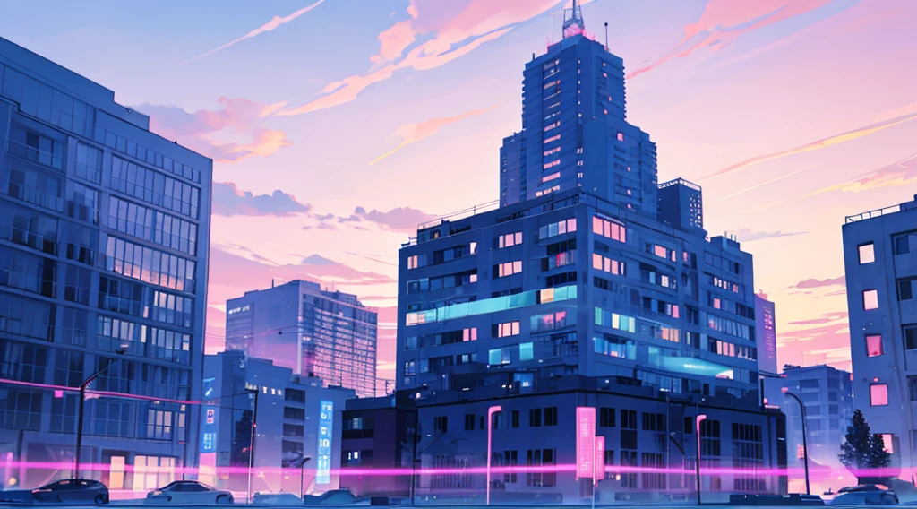 building silhouette, glowing blue color, pink sky