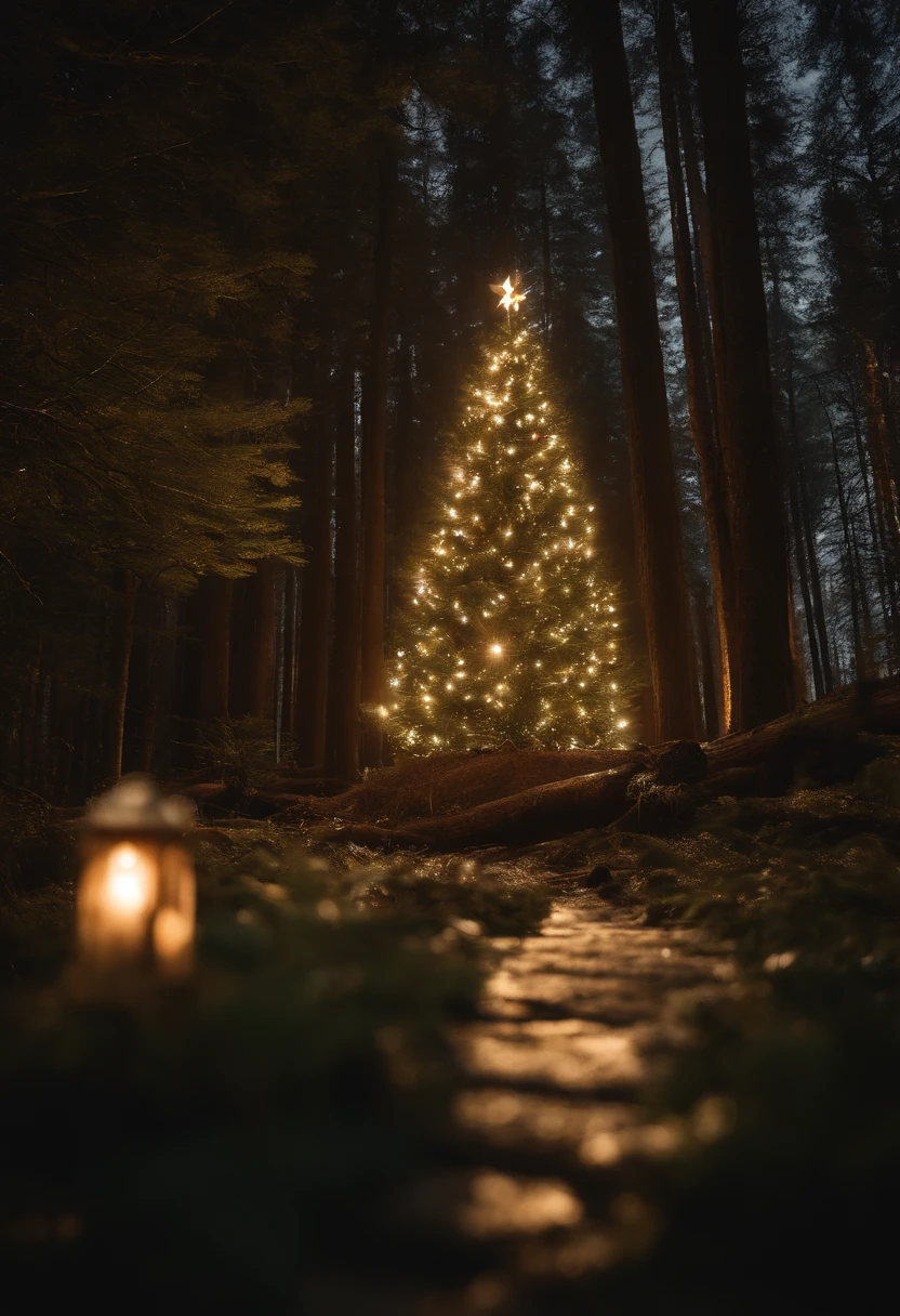 A site of large-scale environmental destruction where a vast forest area has been cleared of forests.、Solar panels are installed on one side、In the middle of it、A huge Christmas tree is placed and luxuriously decorated.、bulltozer or、Yumbo is placed、