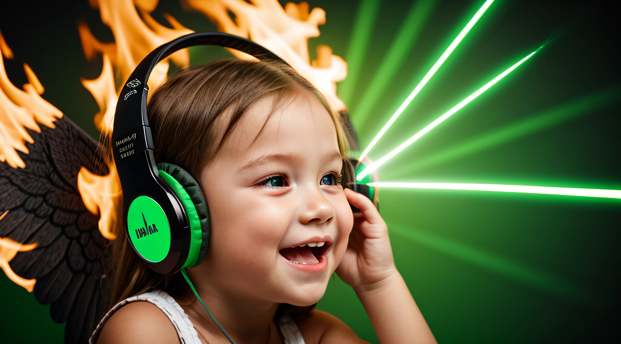 um close de um anel de fone de ouvido de uma loira pegando fogo., com asas em um fundo LASER VERDE , Asas pretas ligeiramente queimadas, cruz, Cruzes, Asas Negras,