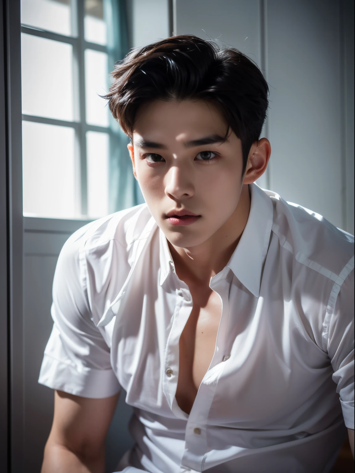 masterpiece, ultra quality, high resolution, 8k, intricate: 1.2), handsome, Young Korean man ,white skin, double eyelids , detailed skin, 1boy, ((realistic)), abs, good lighting quality, muscle veins, ((pale skin)),(8K, RAW photo, Highest quality) ,8k, super detail, accurate, ,Korean basketball player, handsome, good facial details, sitting at a locker, , see-through shirt, soaked shirt, sweating profusely, studio lights, photo shoot, sexy, Portraits, Dynamic Poses