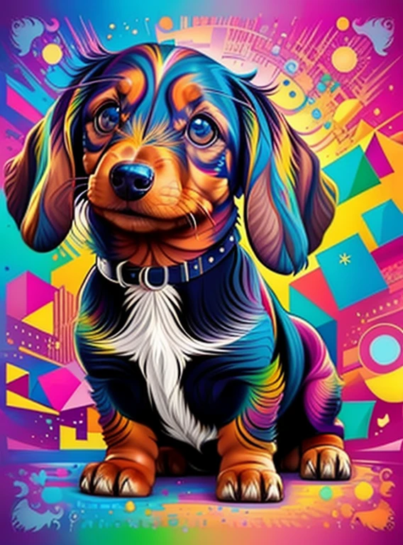 (dachshund puppy ),(melhor pose),(best angle), (better expression), Eduardo Kobra acolchoamento ,multidimensional geometric wall PORTRAIT, arte, Chibi,
Yang08k, lindo, Colouring,
Primary works, qualidade superior, melhor qualidade, Arte Oficial, Beautiful and Aesthetic, pelos coloridos,