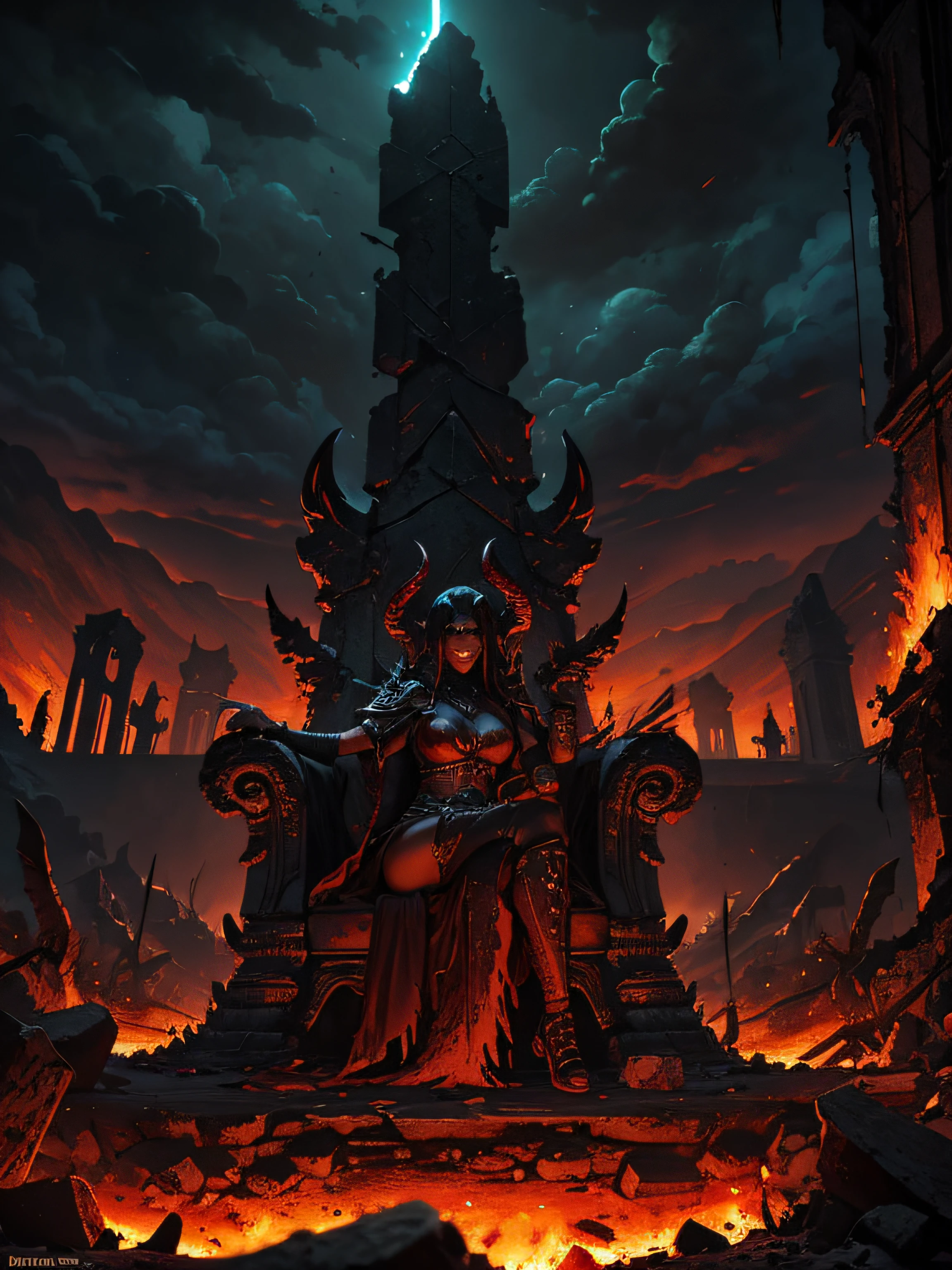 (((facing us))) demonic woman sitting with her legs apart on a small throne of bones, Pele vermelha, armadura de pedras e lava, bored expression, night apocalyptic scenery background, some ruins of a destroyed city, chaotic sky in brown tones, amarelo e vermelho, aspecto sombrio, infernal