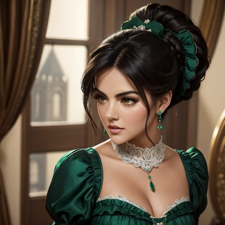Mujer hermosa, Maite Perroni, Parte superior del cuerpo, mirada enamorada, hair up in a bun, British Regency in a 19th Century Emerald Green Victorian Dress