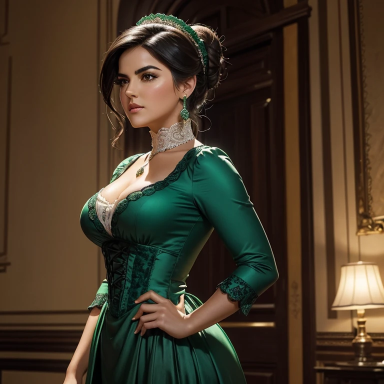Mujer hermosa, Maite Perroni, Parte superior del cuerpo, mirada enamorada, hair up in a bun, British Regency in a 19th Century Emerald Green Victorian Dress