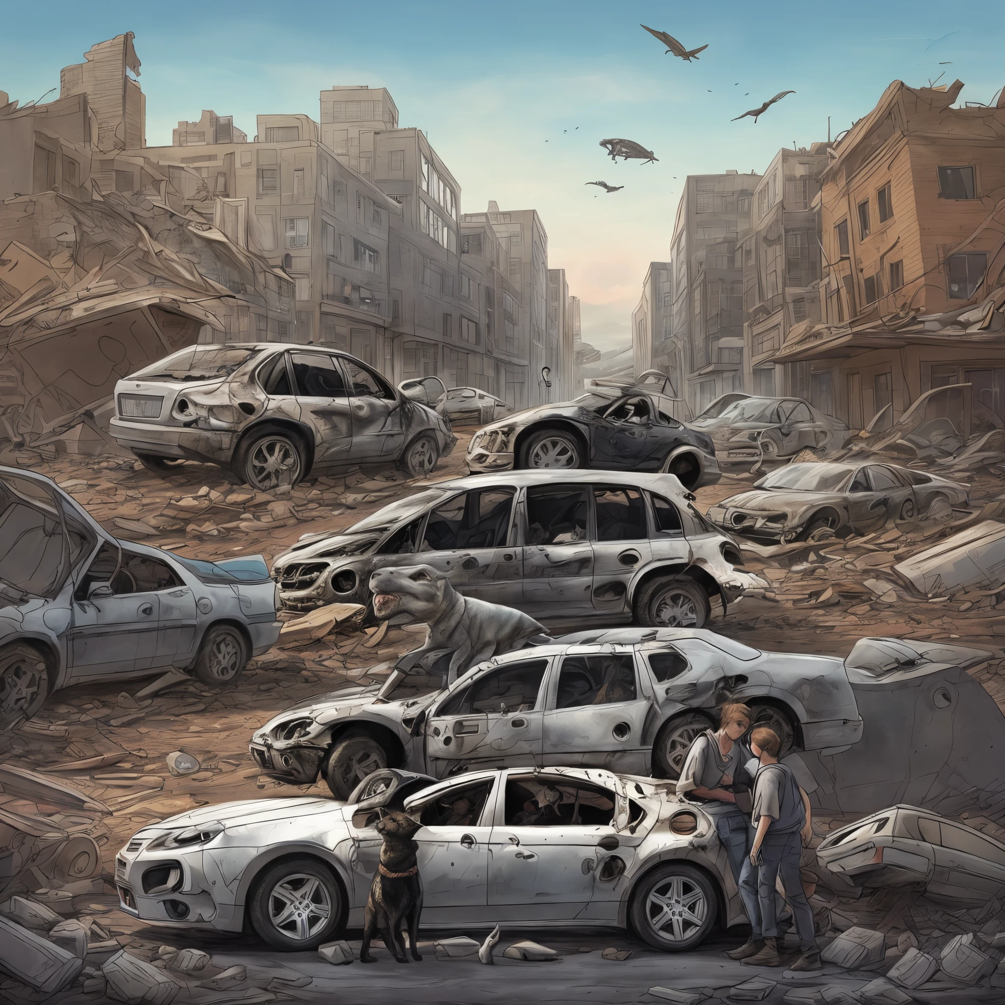 Drawing of some boys with their dog and cat who are hiding behind a dinosaur car with a human body in a destroyed city